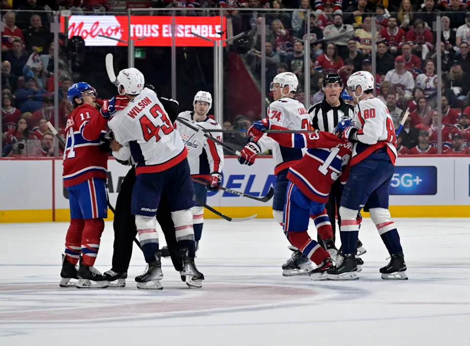 Tussles between Montreal Canadiens players after Washington Capitals forward Tom Wilson instigated a brawl at the Bell Centre.Eric Bolte-Imagn Images