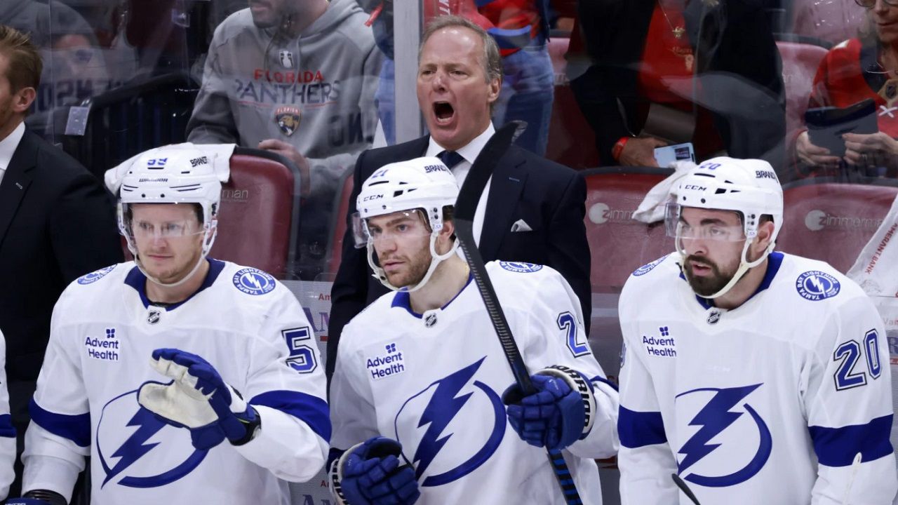 Tampa Bay Lightning head coach Jon Cooper reacts against the Florida Panthers during the second period in Game 3 of their playoff series. Game 4 in Monday night. (AP Photo/Rhona Wise)