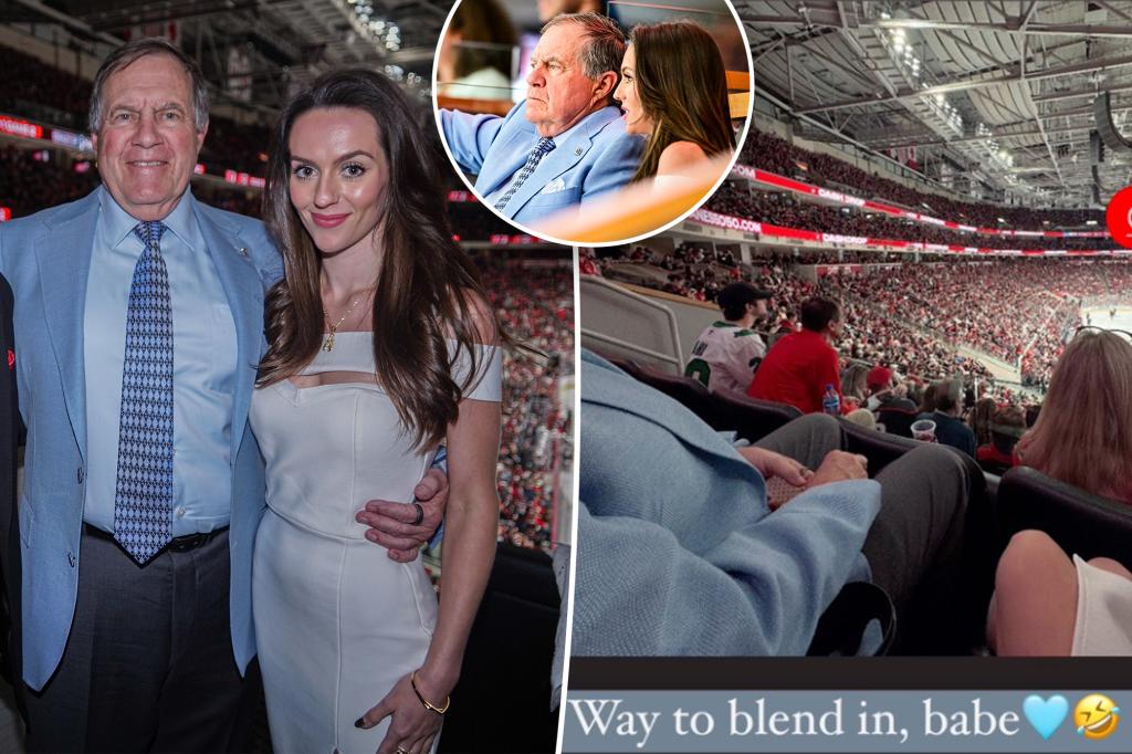 Jordon Hudson ribs Bill Belichick's clothing at NHL playoff game