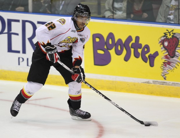 Matt Petgrave of the Owen Sound Attack skates with the puck against the Kootenay Ice during the 2011 CHL Mastercard Memorial Cup game on May 21, 2011 at the Hershey Centre in Mississauga, Canada. (Photo by Claus Andersen/Getty Images)