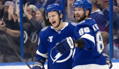 Jake Guentzel Nikita Kucherov celebrating a goal for the Tampa Bay Lightning