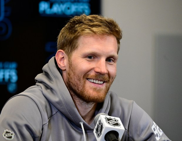Colorado Avalanche left wing Gabriel Landeskog (92) during a press conference after Game 4 of the first round of the NHL playoffs against the Dallas Stars at Ball Arena in Denver on Saturday, April 26, 2025. Landeskog scored a goal and had an assist in the game. (Photo by Andy Cross/The Denver Post)