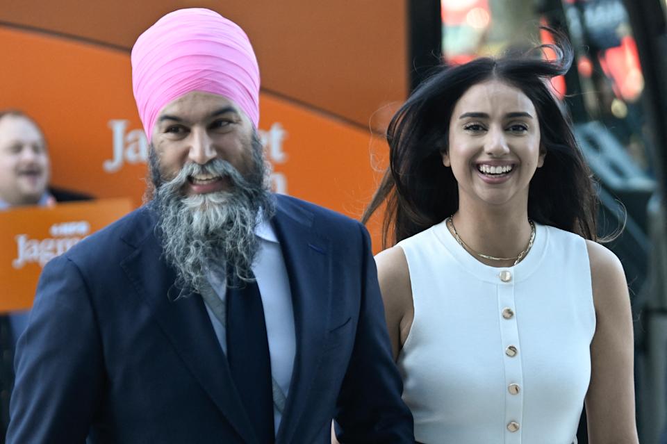 New Democratic Party leader Jagmeet Singh and his wife Gurkiran Kaur Sidhu arrive at CBC-Radio-Canada to participate in the English Federal Leaders Debate broadcast, in Montreal, Canada, on April 17, 2025. April 16 debate was entirely in French. An English-language debate follows today, APril 17. 
In a distinctly Canadian decision, Wednesday's debate was moved up two hours to minimize a scheduling conflict with the final regular season game of the Montreal Canadiens hockey team, a cherished Quebec institution. 
Carney's campaign in Quebec has drawn particular scrutiny because of his occasional fumbles in French. (Photo by Andrej Ivanov / AFP) (Photo by ANDREJ IVANOV/AFP via Getty Images)          