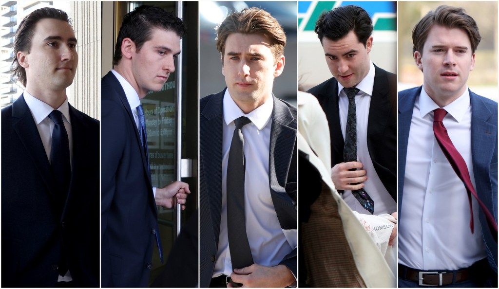 Composite image of former Canada's 2018 World Juniors hockey team members Alex Formenton, Cal Foote, Michael McLeod, Dillon Dube and Carter Hart arriving to court in London, Ontario, 2025.