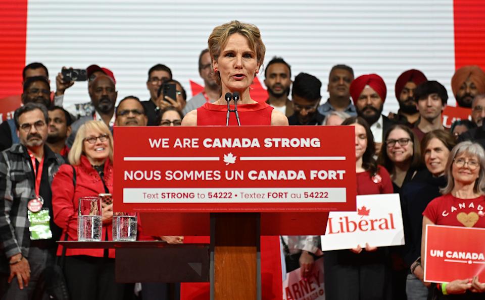 OTTAWA, CANADA - APRIL 28: Diana Fox Carney, wife of Canadian Prime Minister and Liberal Leader Mark Carney, addresses volunteers and supporters during the Canada Strong Election Night event in Ottawa, Ontario, Canada, on April 28, 2025. (Photo by Artur Widak/Anadolu via Getty Images)