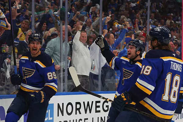 Pavel Buchnevich #89 of the St. Louis Blues celebrates after scoring a goal against the Winnipeg Jets during the first period of Game Three of the First Round of the 2025 Stanley Cup Playoffs