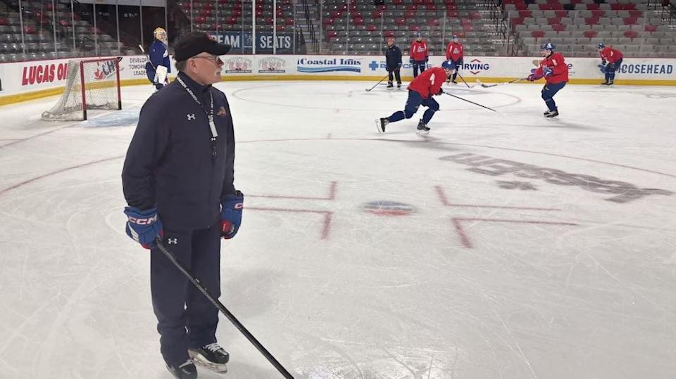 Coach Mac on the ice at the Avenir Centre in Moncton Wednesday with the Wildcats for their last practice before leaving for the Memorial Cup tournament.