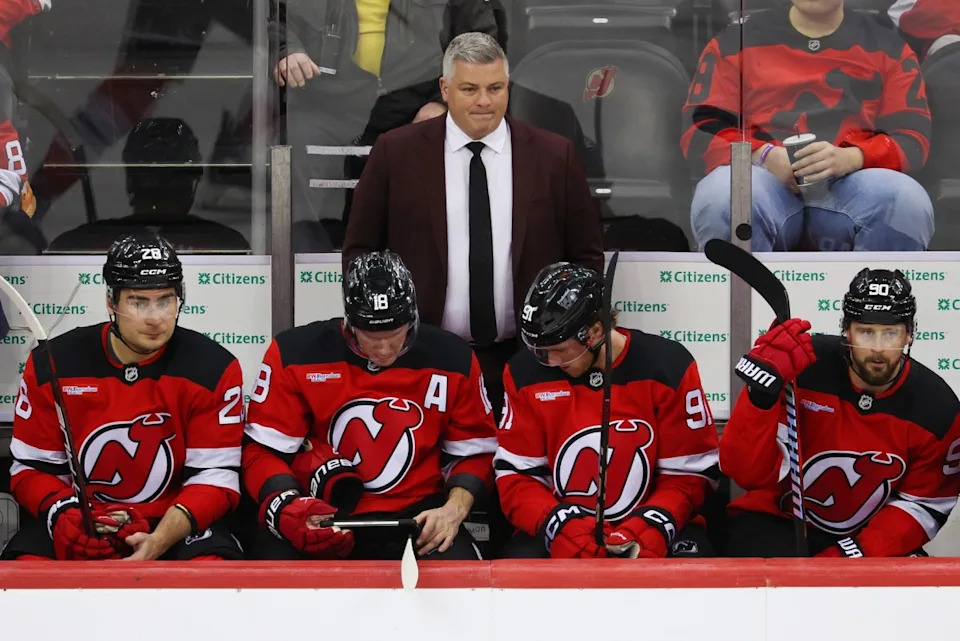 New Jersey Devils head coach Sheldon Keefe against the Edmonton Oilers during the third period at Prudential Center.Ed Mulholland-Imagn Images