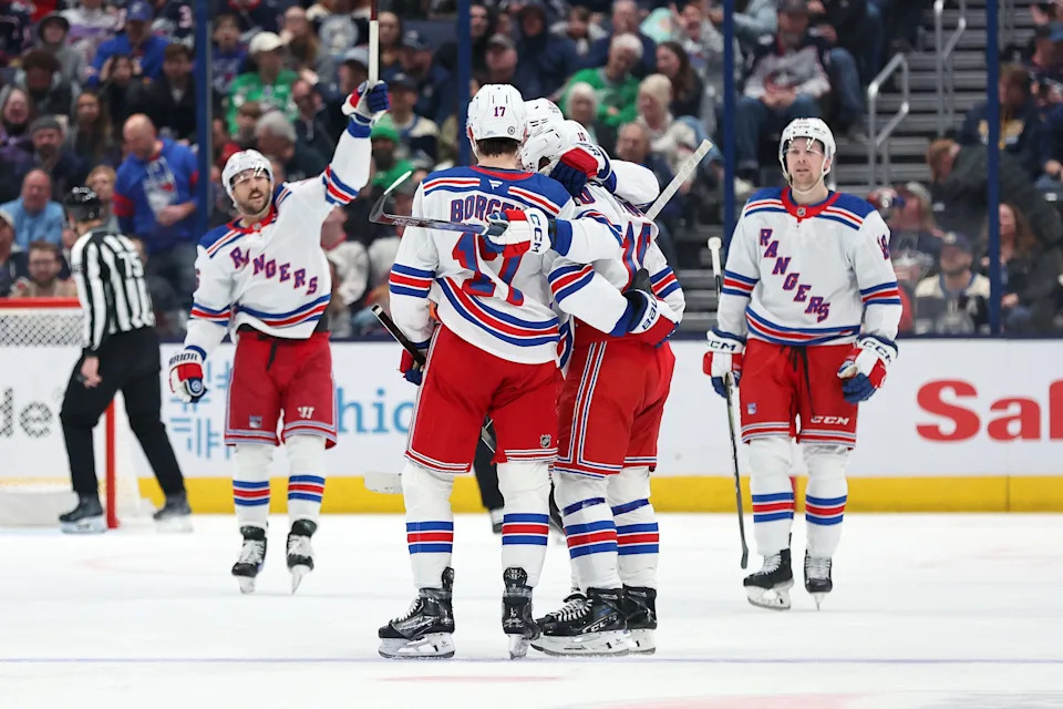 Mar 15, 2025; Columbus, Ohio, USA; New York Rangers left wing Artemi Panarin (10) celebrates his goal with defenseman Will Borgen (17) during the second period against the Columbus Blue Jackets at Nationwide Arena.