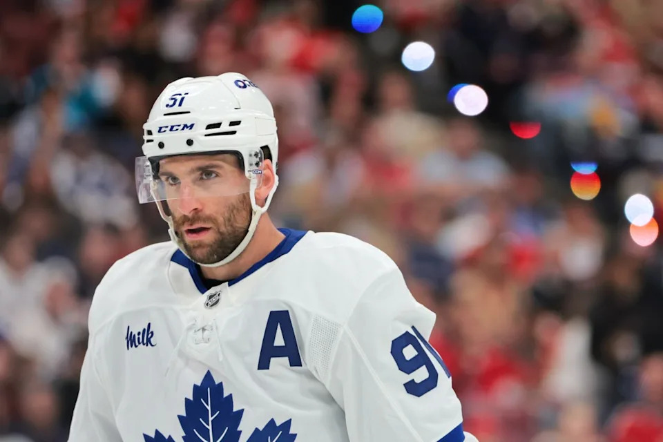 Toronto Maple Leafs center John Tavares (91) looks on against the Florida Panthers during the third period in game three of the second round of the 2025 Stanley Cup Playoffs at Amerant Bank Arena. Sam Navarro-Imagn Images