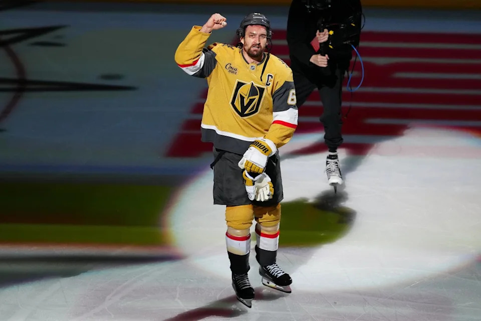 Vegas Golden Knights right wing Mark Stone (61) is named Third Star of the Game after a Golden Knights victory.Stephen R&period; Sylvanie-Imagn Images