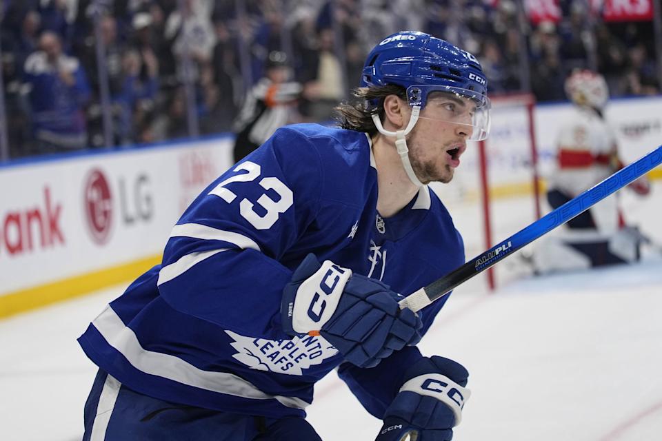 May 5, 2025; Toronto, Ontario, CAN; Toronto Maple Leafs forward Matthew Knies (23) reacts after his goal against Florida Panthers goaltender Sergei Bobrovsky (72) during the third period of game one of the second round of the 2025 Stanley Cup Playoffs at Scotiabank Arena. Mandatory Credit: John E. Sokolowski-Imagn Images