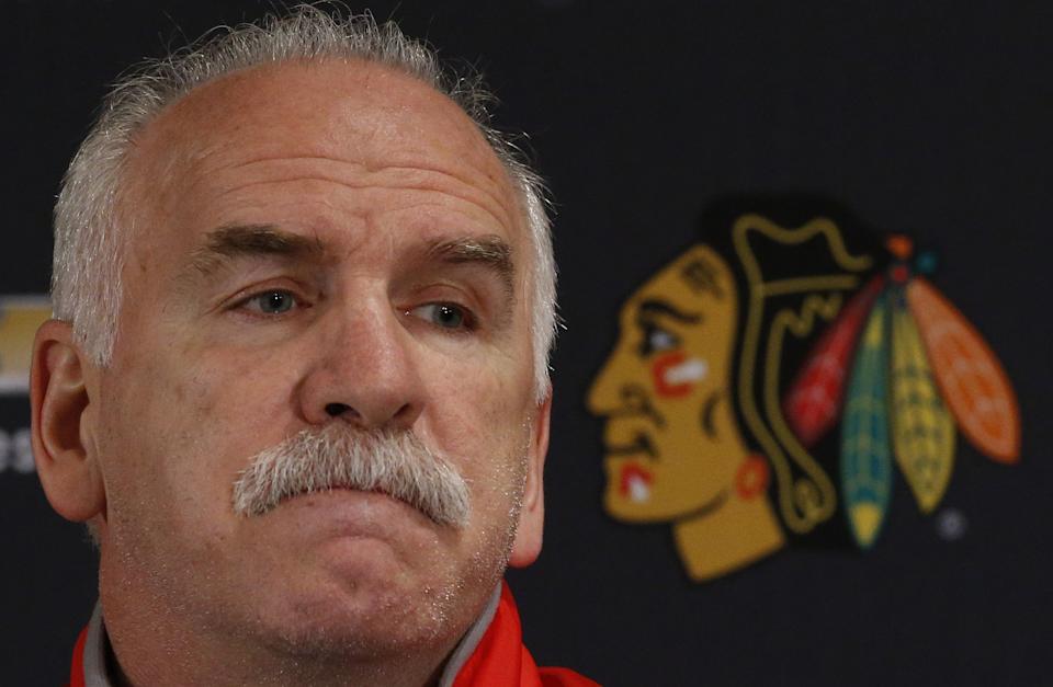 Blackhawks head coach Joel Quenneville listens to questions during their end-of-season media availability at the United Center on April 22, 2017. (Jim Young/Chicago Tribune/Tribune News Service via Getty Images)