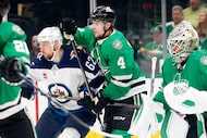Dallas Stars defenseman Miro Heiskanen (4) defends the goal against Winnipeg Jets right wing...