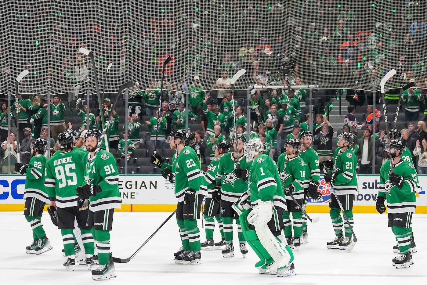 Dallas Stars players salute the crowd after a 6-3 loss to the Edmonton Oilers in Game 5 of...