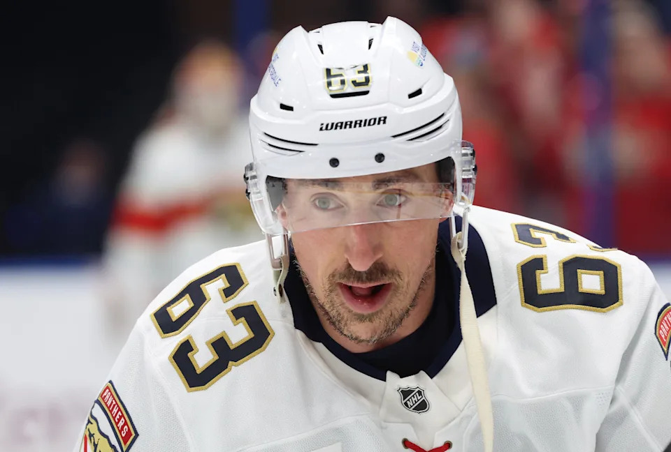 Florida Panthers center Brad Marchand (63) works out during warmups against the Tampa Bay Lightning at Amalie Arena.Kim Klement Neitzel-Imagn Images