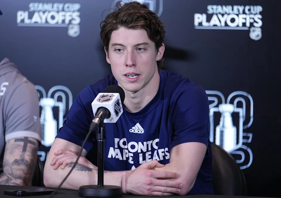 Toronto Maple Leafs forward Mitch Marner (16) answers a question from the media following game one of the first round of the 2025 Stanley Cup Playoffs against the Ottawa Senators at Scotiabank Arena. John E&period; Sokolowski-Imagn Images