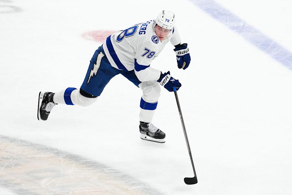 Mar 23, 2025; Las Vegas, Nevada, USA; Tampa Bay Lightning defenseman Emil Lilleberg (78) skates back to the bench after serving a minor penalty for boarding Vegas Golden Knights center Tomas Hertl (48) during the third period at T-Mobile Arena. Mandatory Credit: Stephen R. Sylvanie-Imagn Images