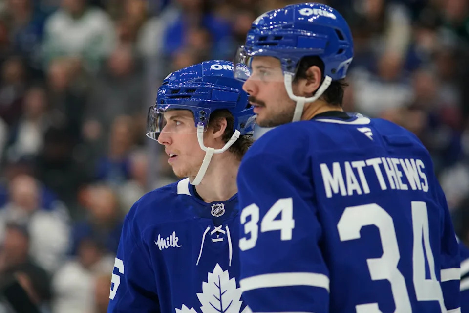 Toronto Maple Leafs forwards Mitch Marner (16) and Auston Matthews (34) during a break in action at Scotiabank Arena.John E. Sokolowski-Imagn Images