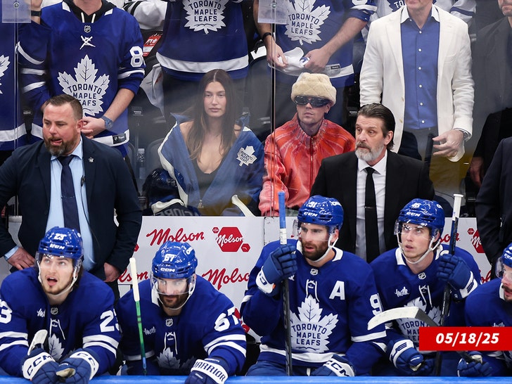 justin bieber and hailey bieber toronto maples leafs game getty 2