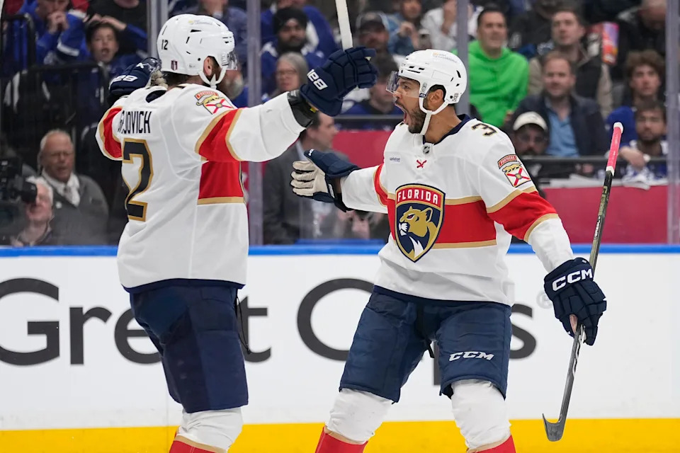 May 18, 2025; Toronto, Ontario, CAN; Florida Panthers defenseman Seth Jones (3) reacts after a goal by forward Jonah Gadjovich (12) against the Toronto Maple Leafs during the second period of game seven of the second round of the 2025 Stanley Cup Playoffs at Scotiabank Arena. Mandatory Credit: John E. Sokolowski-Imagn Images