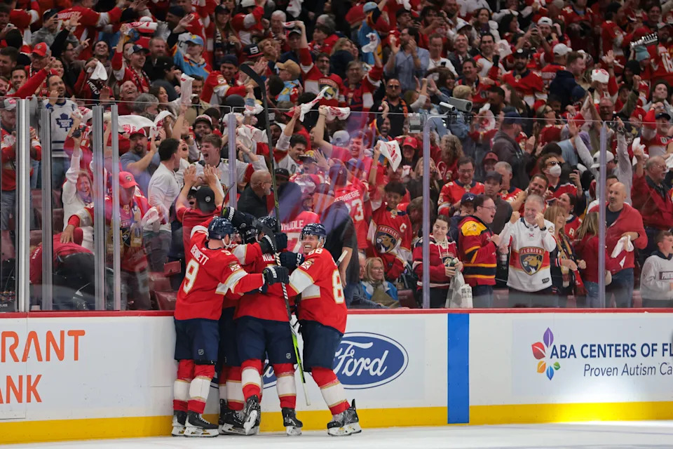 May 9, 2025; Sunrise, Florida, USA; Florida Panthers players celebrate after winning against the Toronto Maple Leafs during overtime in game three of the second round of the 2025 Stanley Cup Playoffs at Amerant Bank Arena. Mandatory Credit: Sam Navarro-Imagn Images