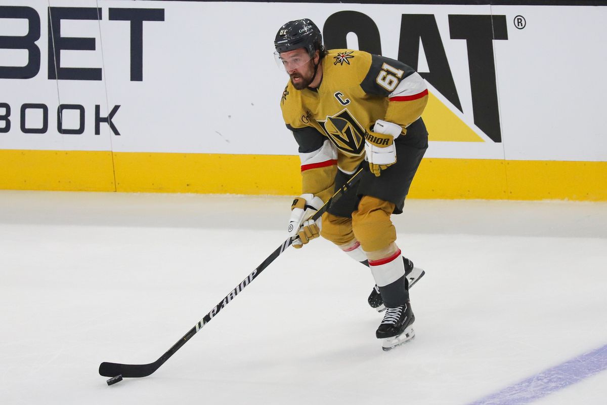 Vegas Golden Knights Mark Sone (61) scans the ice during first period of NHL playoff game against Edmonton Oilers on Tuesday May 6, 2025 in Las Vegas.