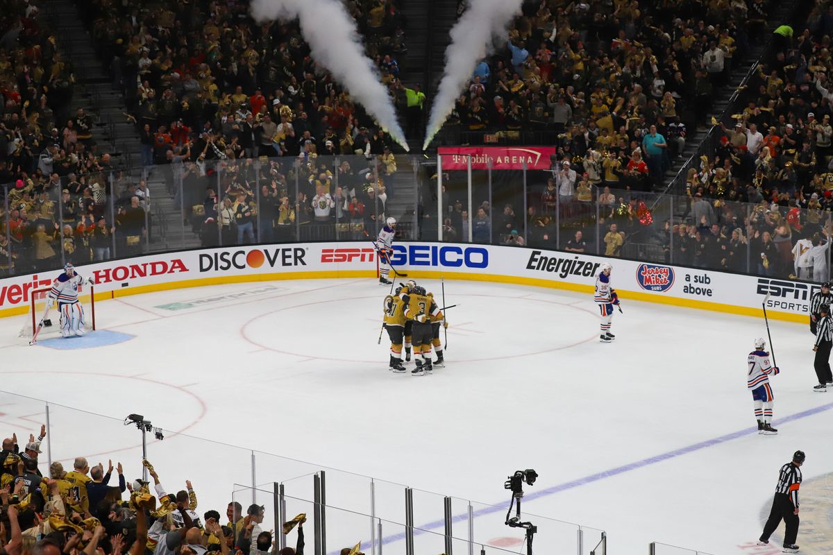 Vegas Golden Knights celebrate after scoring a goal during first period of NHL playoff game against Edmonton Oilers on Tuesday May 6, 2025 in Las Vegas.