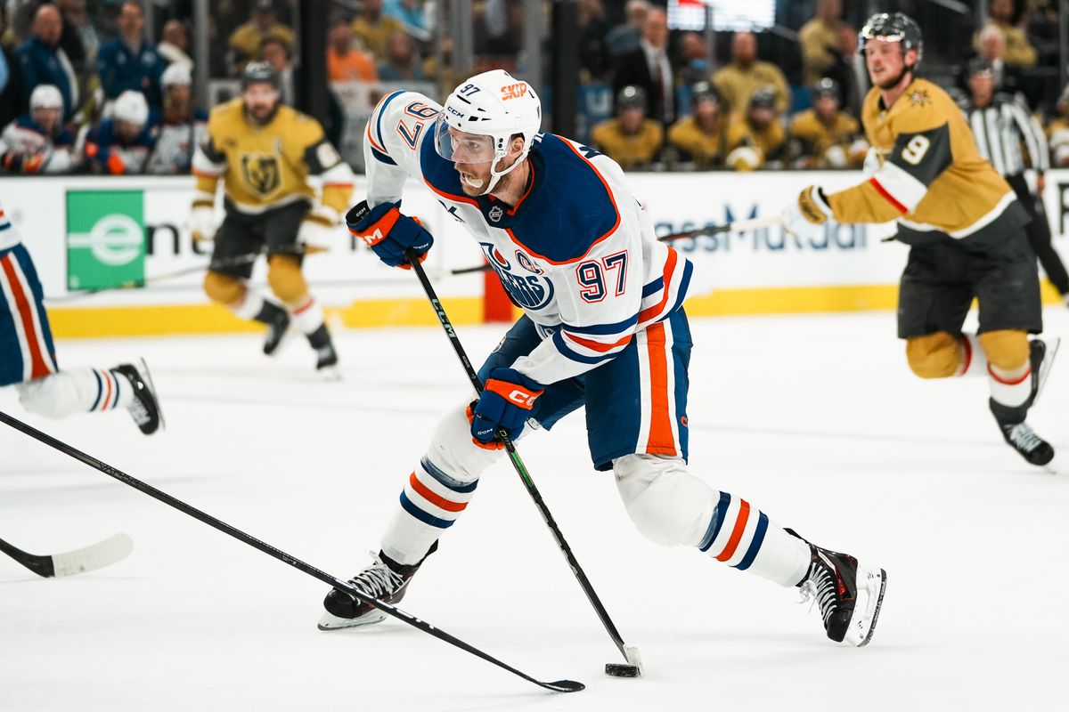 Edmonton Oilers center Connor McDavid (97)  prepares o pass the puck during second period of NHL playoff game against Vegas Golden Knights on Tuesday May 6, 2025 in Las Vegas.