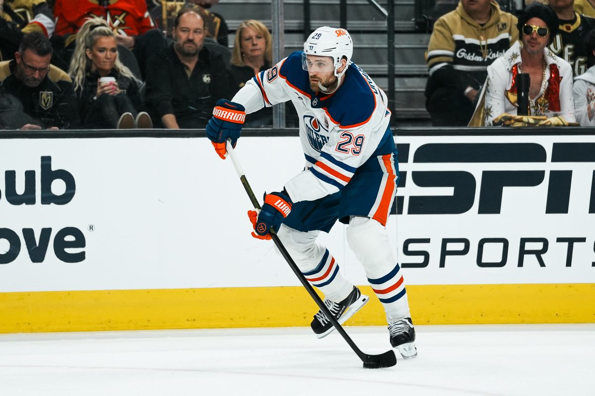Edmonton Oilers center Leon Draisaitl (29) skates the puck down the ice during second period of NHL playoff game against Vegas Golden Knights on Tuesday May 6, 2025 in Las Vegas.