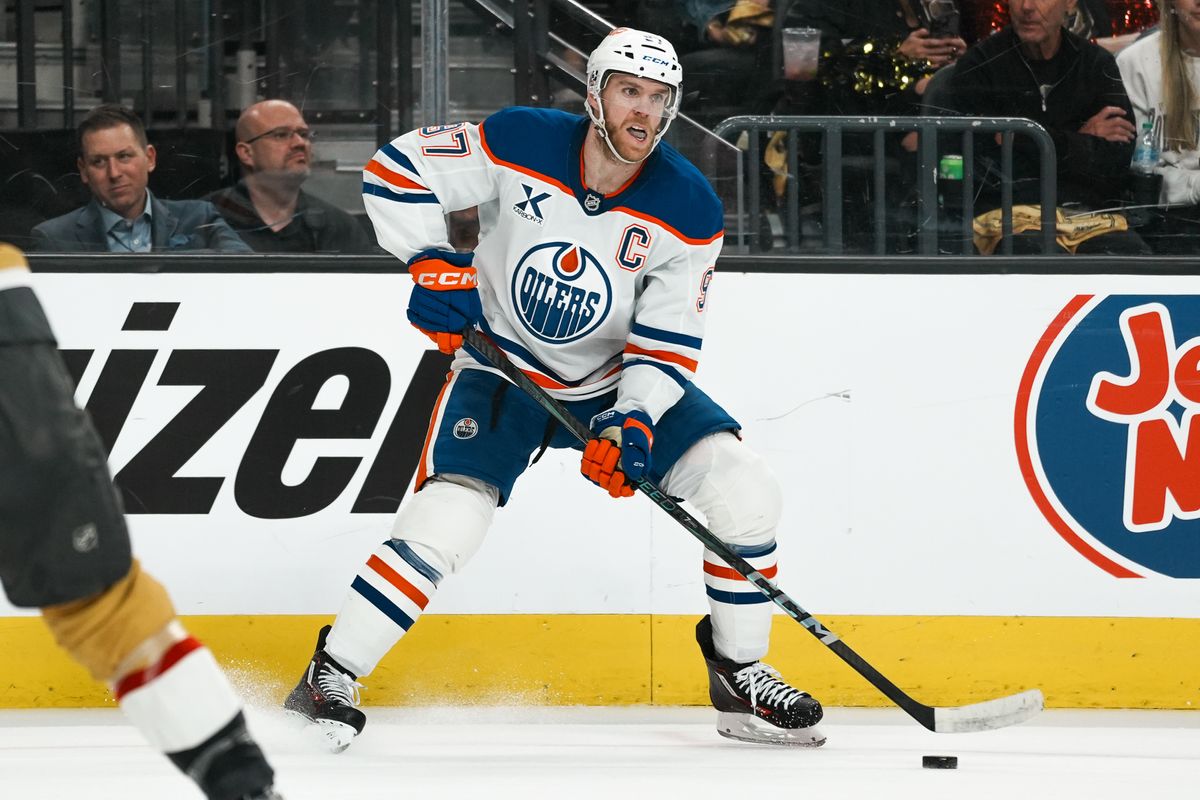Edmonton Oilers center Connor McDavid (97) scans the ice during second period of NHL playoff game against Vegas Golden Knights on Tuesday May 6, 2025 in Las Vegas.