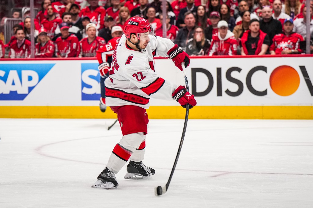 Carolina's Logan Stankoven prepares to shoot in Game 1 against the Washington Capitals.
