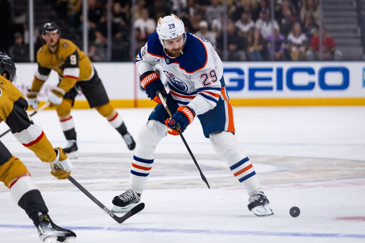 Edmonton Oilers center Leon Draisaitl (29) handles the puck as he enters the offensive zone during a NHL playoff game between the Las Vegas Golden Knights and the Edmonton Oilers, Wednesday May 14, 2025 in Las Vegas, Nev.