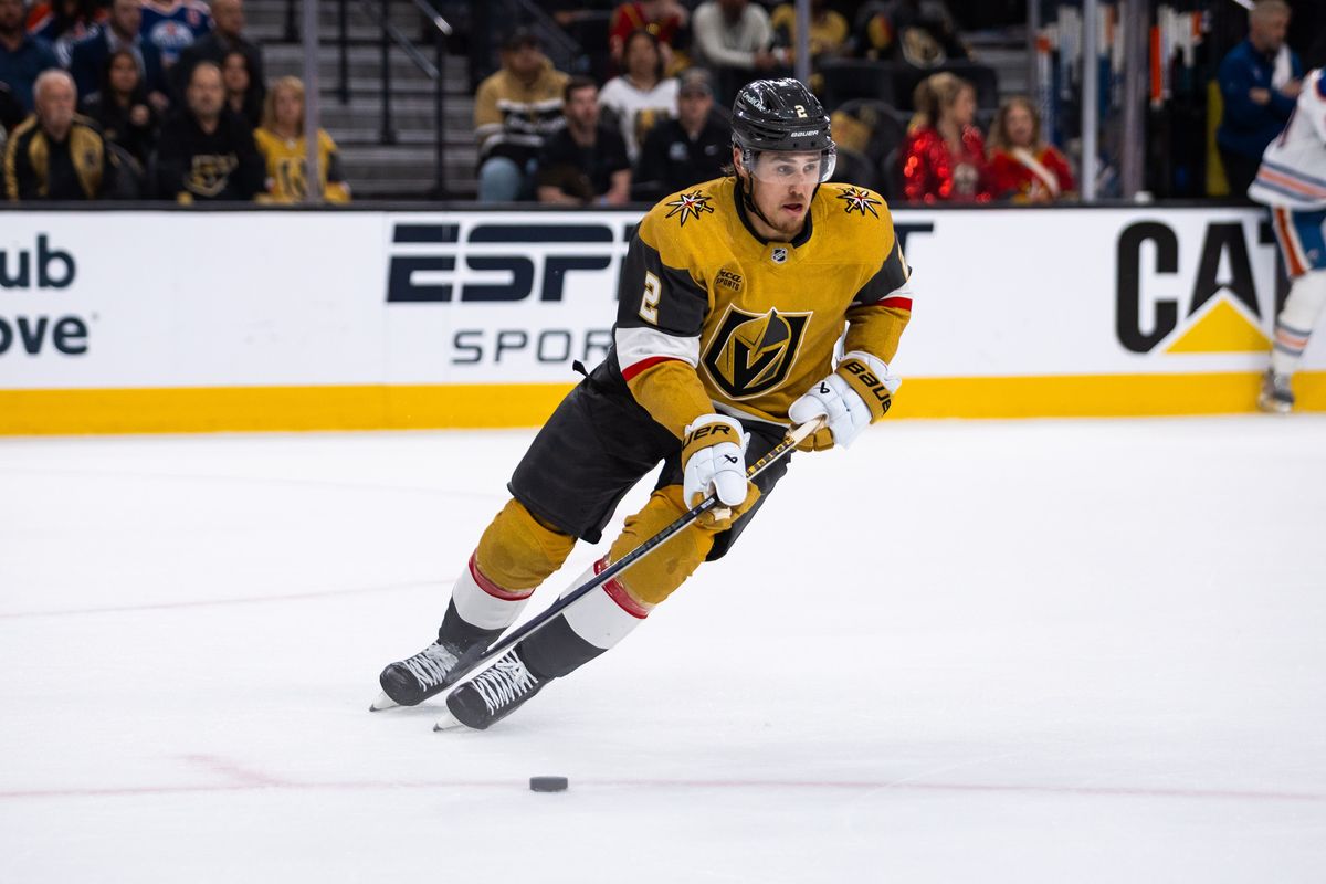 Las Vegas Golden Knights defenseman Zach Whitecloud (2) skates the puck out of the zone during a NHL playoff game between the Las Vegas Golden Knights and the Edmonton Oilers, Wednesday May 14, 2025 in Las Vegas, Nev.