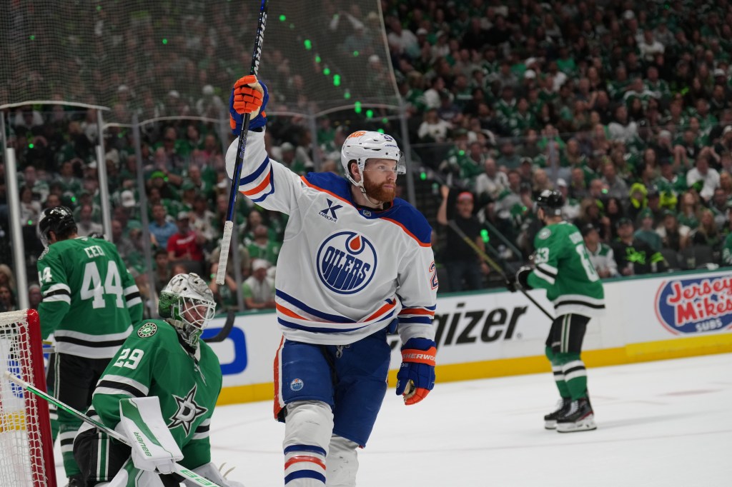 Connor Brown of the Edmonton Oilers celebrates a goal in Game 2.