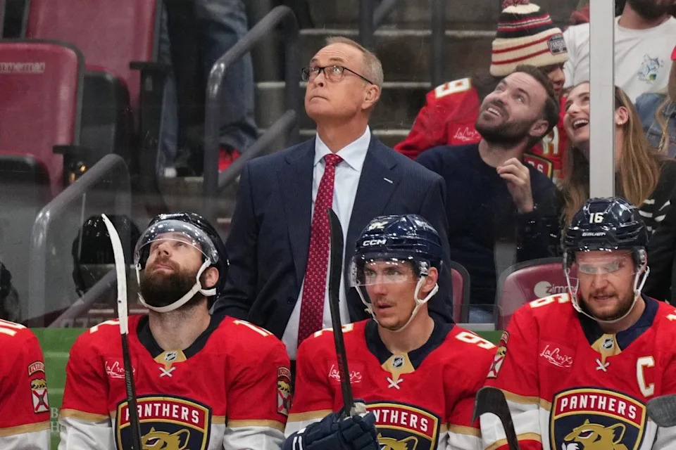 Florida Panthers head coach Paul Maurice awaits a decision on a goal against the Seattle Kraken during the second period at Amerant Bank Arena. Jim Rassol-Imagn Images