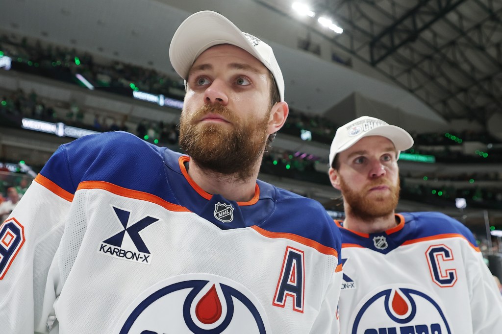 Leon Draisaitl and Connor McDavid of the Edmonton Oilers after winning the Western Conference Finals.