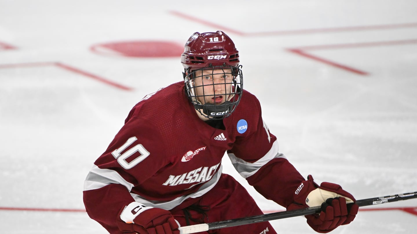 UMass foward Dans Locmelis is playing on a big stage, the IIHF World Championship.