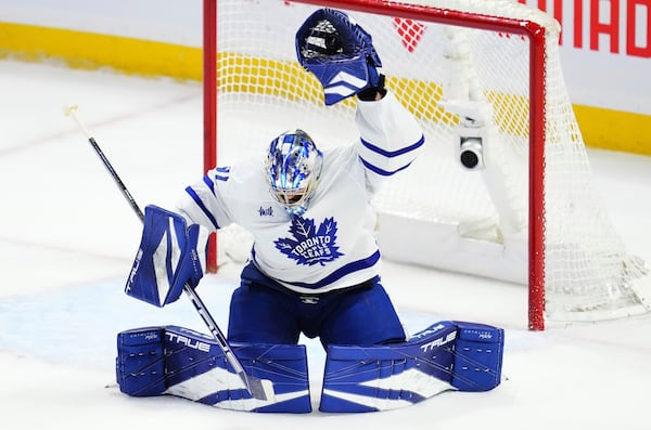 Toronto Maple Leafs goaltender Anthony Stolarz (41) makes a save against the Ottawa Senators during the second period of an NHL playoff hockey game in Ottawa, Ontario, Thursday, May 1, 2025. (Sean Kilpatrick/The Canadian Press via AP)