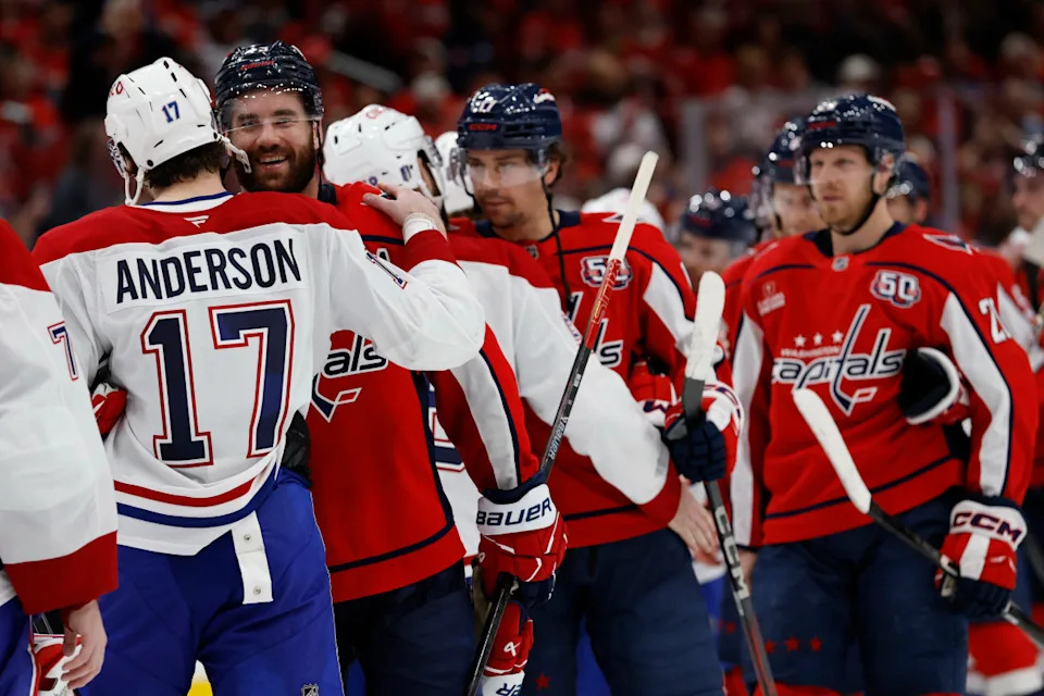 Montreal Canadiens right wing Josh Anderson (17) and Washington Capitals right wing Tom Wilson (43) in the handshake line at Capital One Arena.