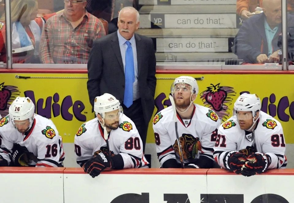 Chicago Blackhawks head coach Joel Quenneville in the first period in game two of the Western Conference Final of the 2015 Stanley Cup Playoffs against the Anaheim Ducks at Honda Center. Gary A. Vasquez-Imagn Images