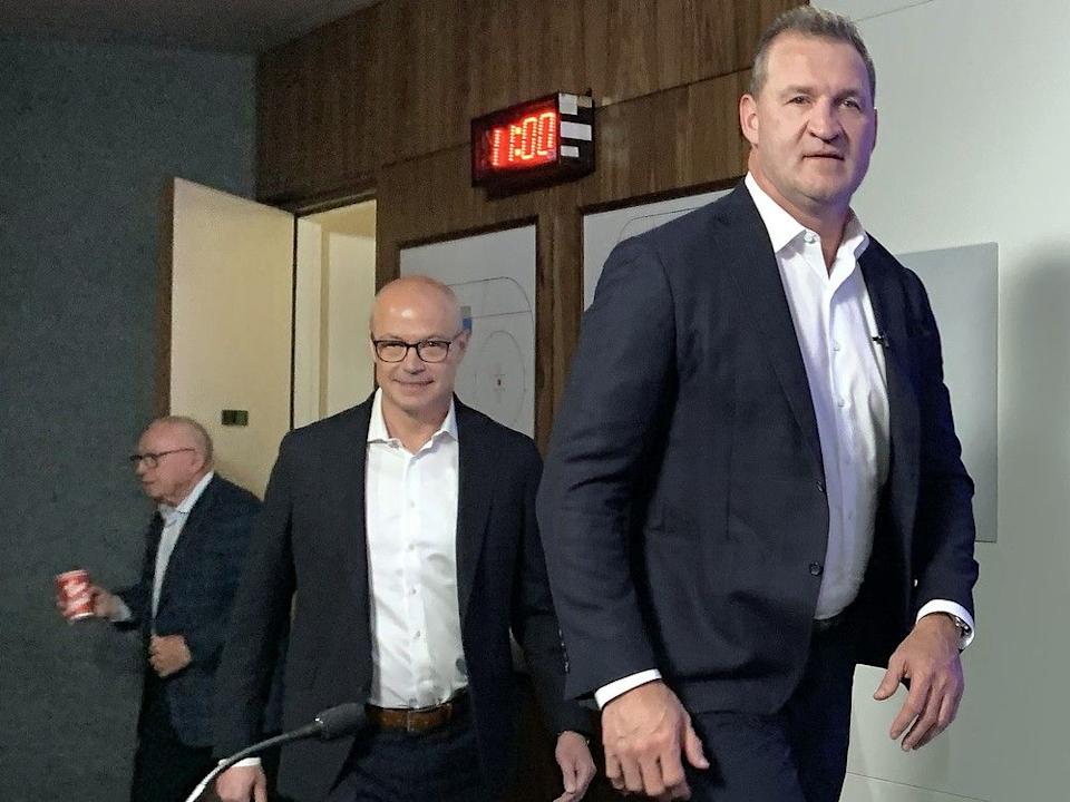  Newly appointed Vancouver Canucks head coach Adam Foote talks to media at Rogers Arena in Vancouver May 15.