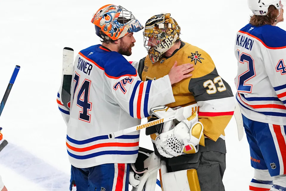 Edmonton Oilers goaltender Stuart Skinner (74) shakes hands with Vegas Golden Knights goaltender Adin Hill (33) after the Oilers defeated the Vegas Golden Knights.Stephen R&period; Sylvanie-Imagn Images