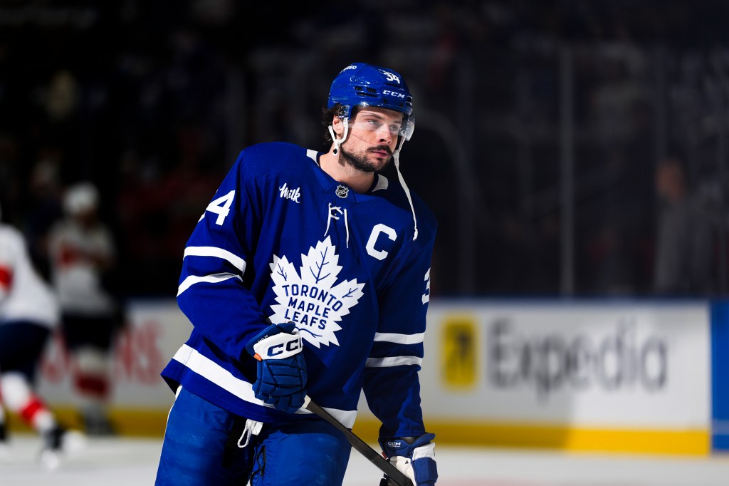 Auston Matthews #34 of the Toronto Maple Leafs warming up before Game Five of the Second Round of the 2025 Stanley Cup Playoffs against the Florida Panthers