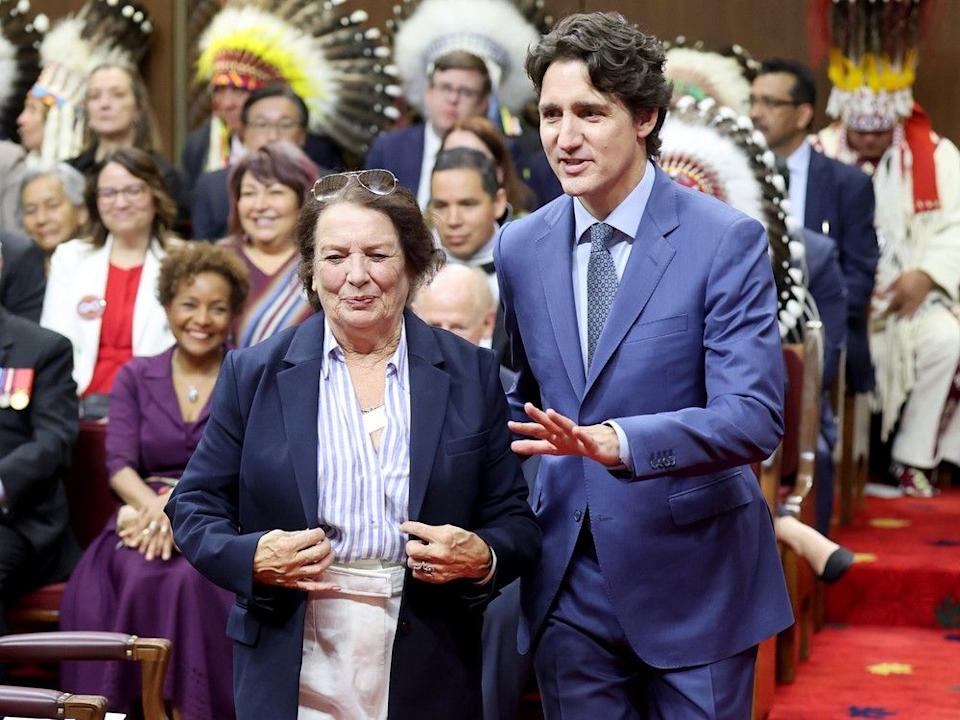 Margaret Trudeau and former prime minister Justin Trudeau, her son, arrive ahead of an appearance by King Charles III and Queen Camilla at the Senate Chamber for the opening of Parliament on Tuesday.