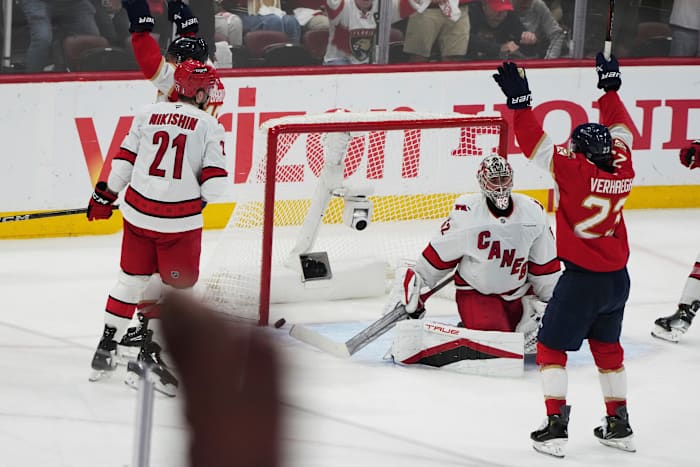 Panthers score 5 in the 3rd period, roll past Hurricanes 6-2 and move a win away from Cup final