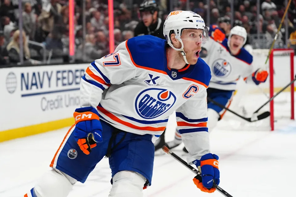 Edmonton Oilers center Connor McDavid (97) celebrates after a goal in the third period of game one of the first round of the 2025 Stanley Cup Playoffs against the LA Kings at Crypto.com Arena. Kirby Lee-Imagn Images