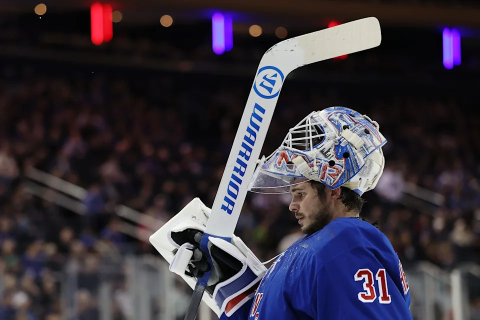 NEW YORK, NEW YORK - MARCH 22: Igor Shesterkin #31 of the New York Rangers looks on during the first period against the Vancouver Canucks at Madison Square Garden on March 22, 2025 in New York City.