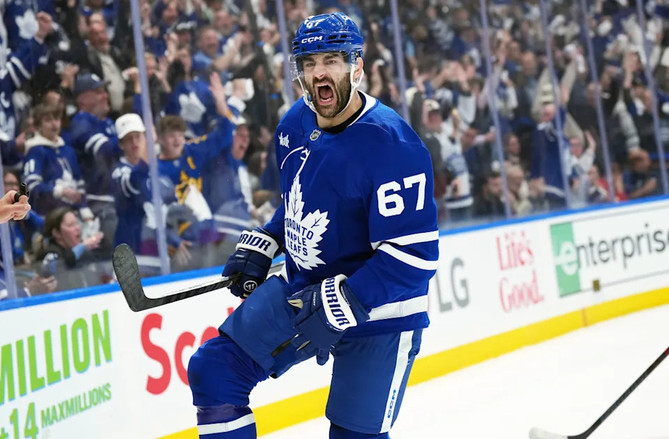 Toronto Maple Leafs left wing Max Pacioretty (67) celebrates after scoring a goal against the Florida Panthers during the first period in game two of the second round of the 2025 Stanley Cup Playoffs at Scotiabank Arena.Nick Turchiaro-Imagn Images