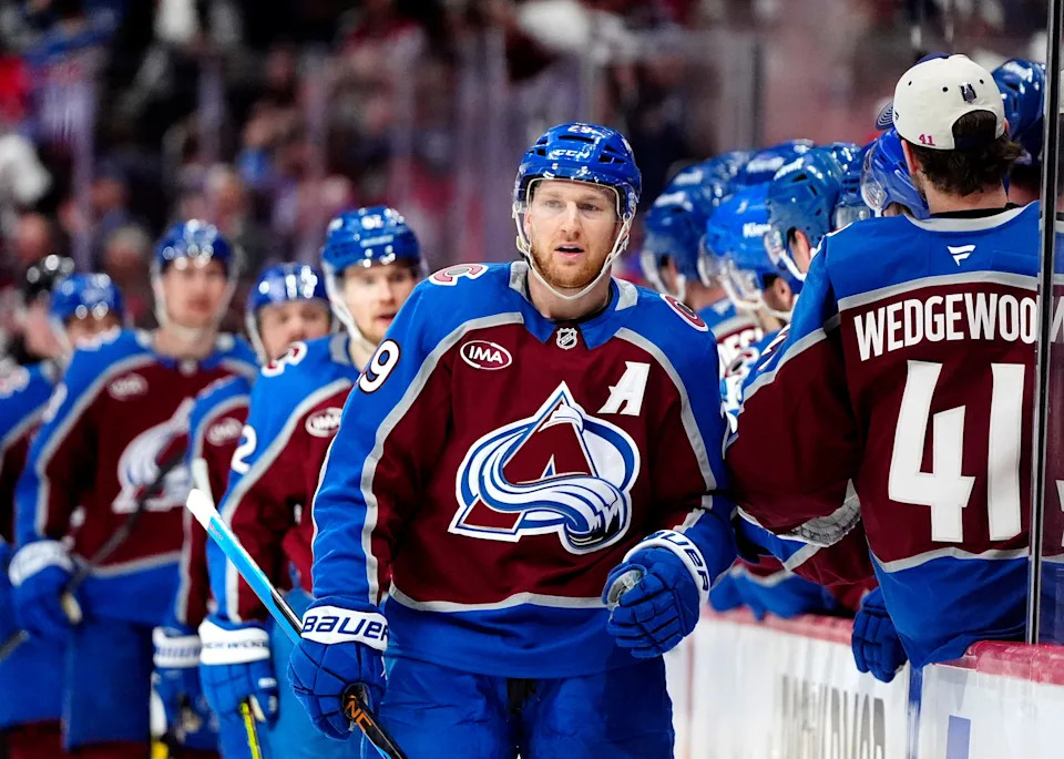 May 1: Colorado Avalanche center Nathan MacKinnon (29) celebrates his go-ahead goal in the third period against the Dallas Stars in Game 6. Colorado won 7-4.